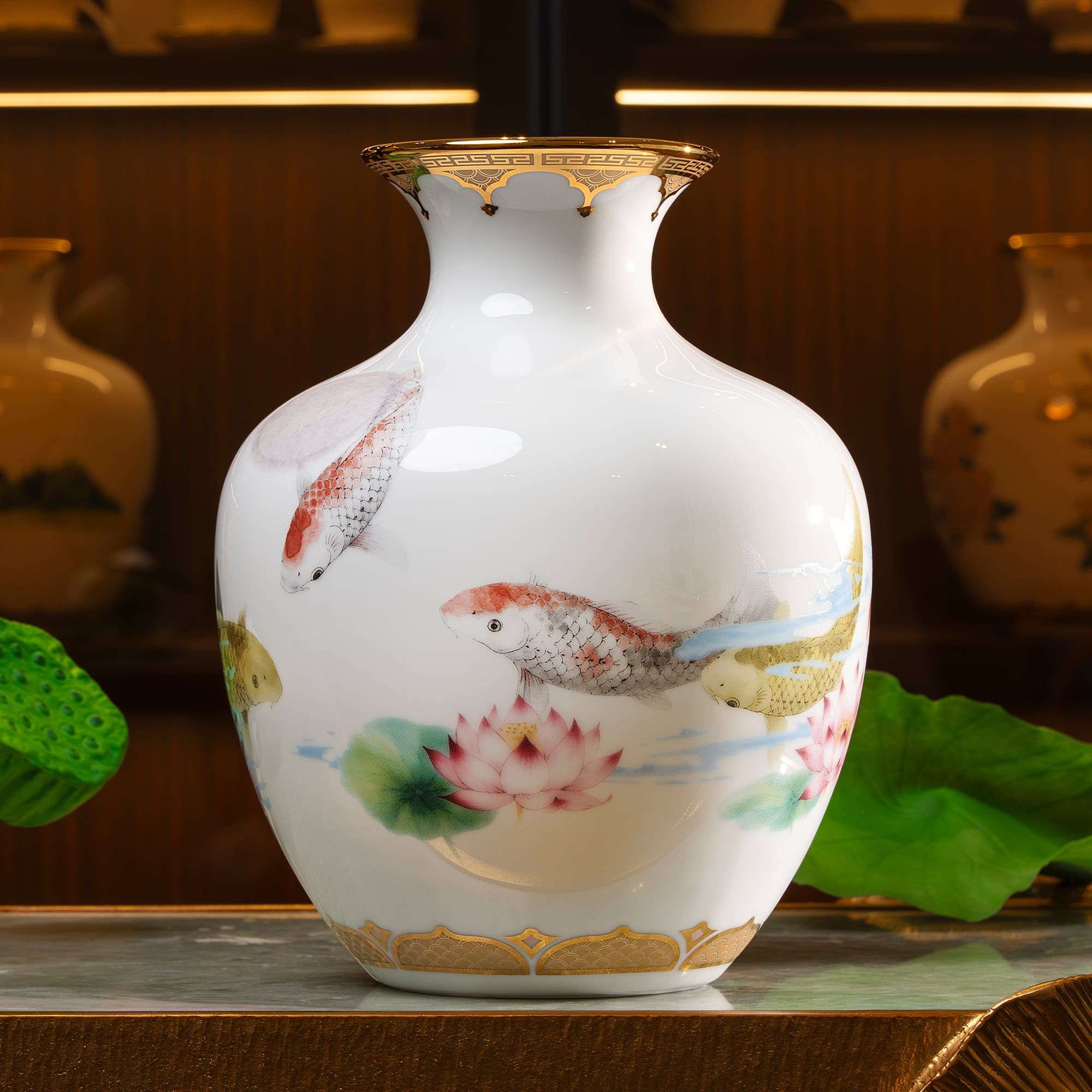  Bình Tài Lộc "Cửu Ngư Vọng Nguyệt" phiên bản giới hạn cao 26.5cm sứ trắng | Flared Vase Limited Collection M-800L - 91151 