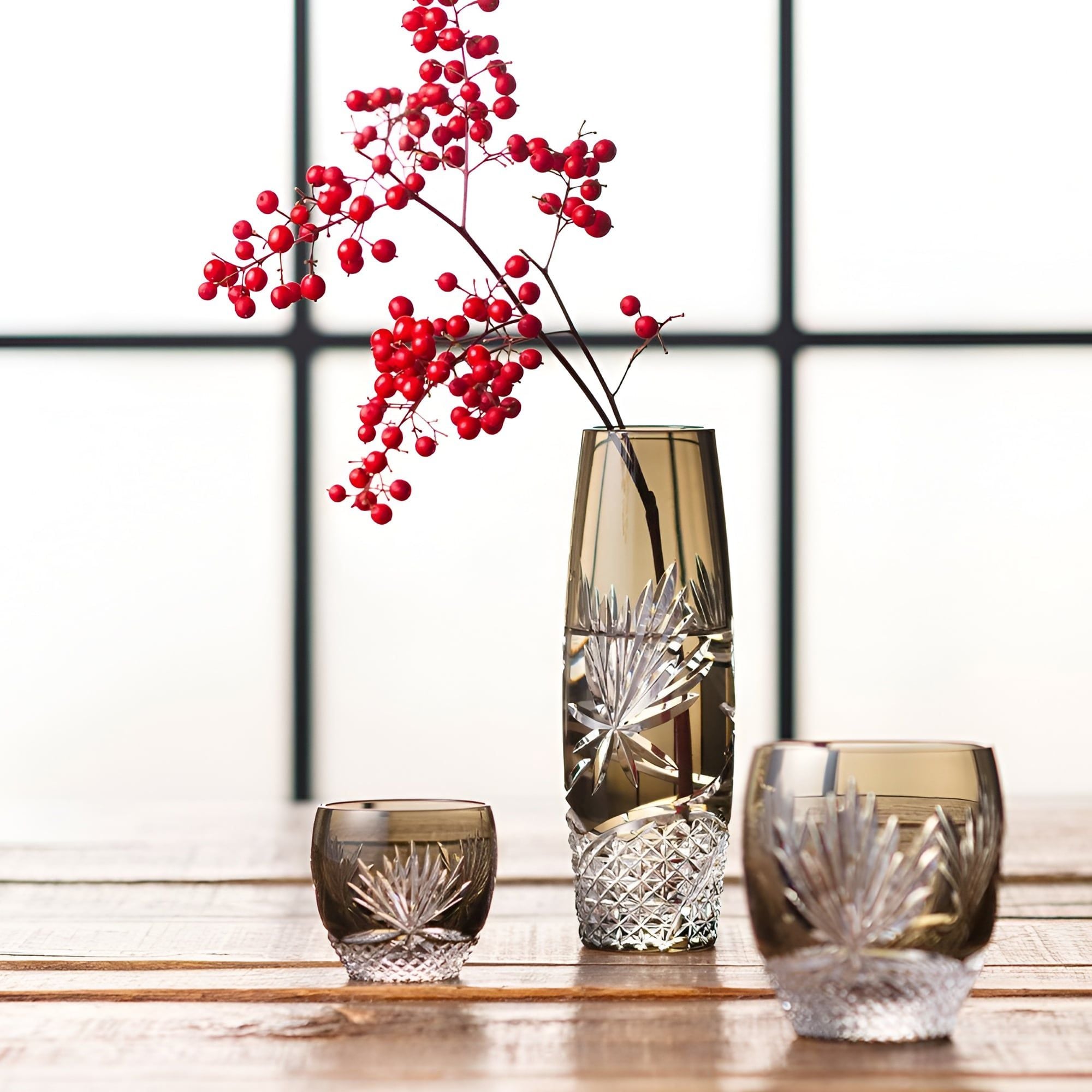  Ly pha lê rock glass Edo Kiriko 'Queen of The Night' 240ml màu trà | Kagami Crystal T727 - 2763-BLK 