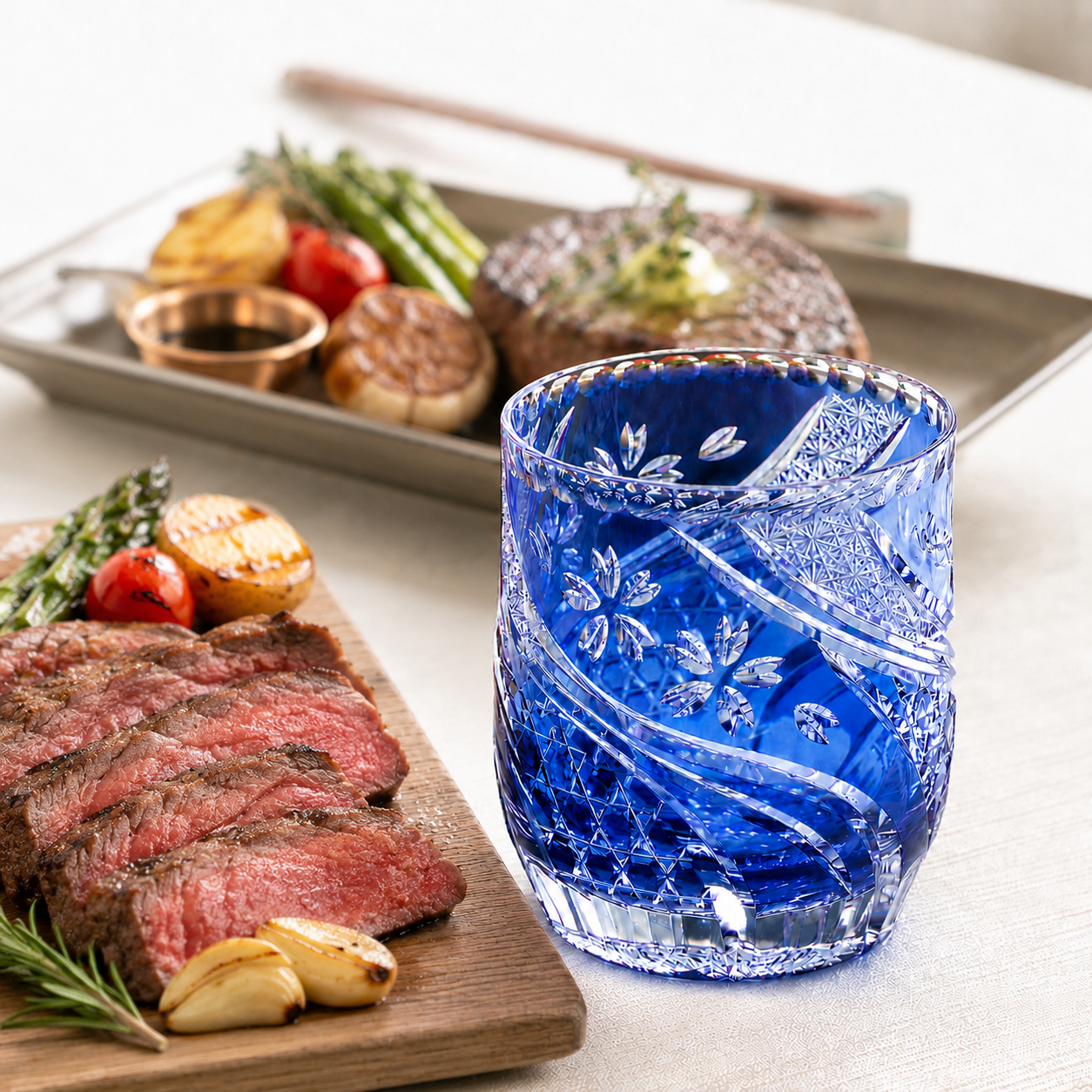  Ly pha lê rock glass Edo Kiriko 'Sakura Nagashi' 330ml màu xanh cobalt | Kagami T753 - 2996-CCB 