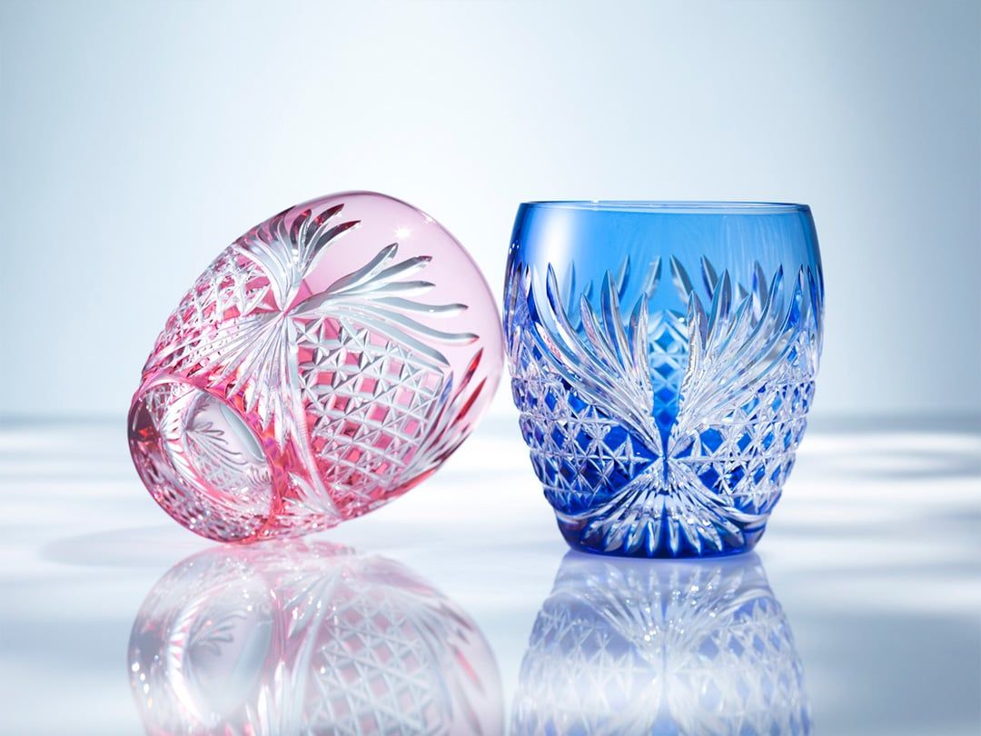  Cặp ly pha lê rock glass Edo Kiriko "Deer Antler" dung tích 300ml hai màu xanh - đỏ | Kagami Crystal TPS752 - 2964-AB 