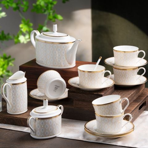  Bộ ấm chén uống trà (ấm 1.250ml, chén 245ml) 15 món sứ xương | Noble Pearl 4979L - T017A 