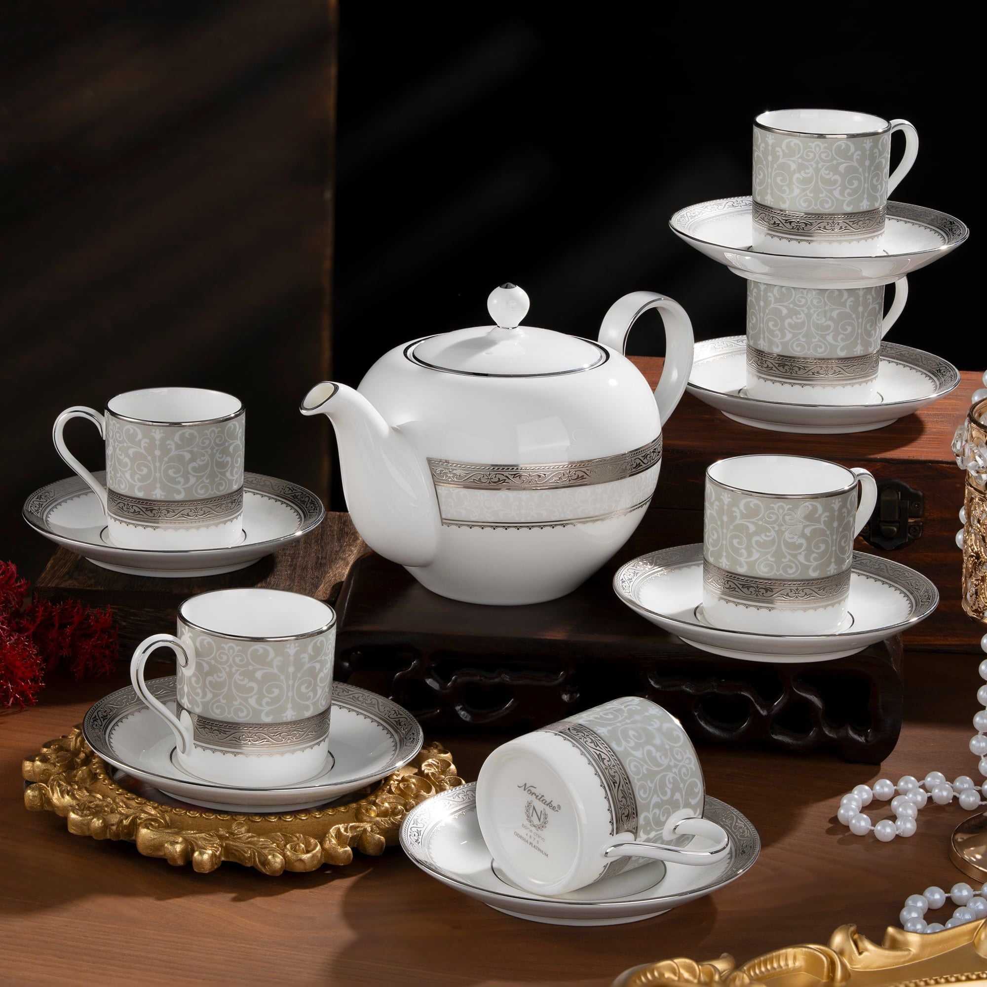  Bộ ấm chén uống trà nhỏ (ấm 650ml, chén 90ml) 13 món sứ xương | Odessa Platinum 4875L - T014S 