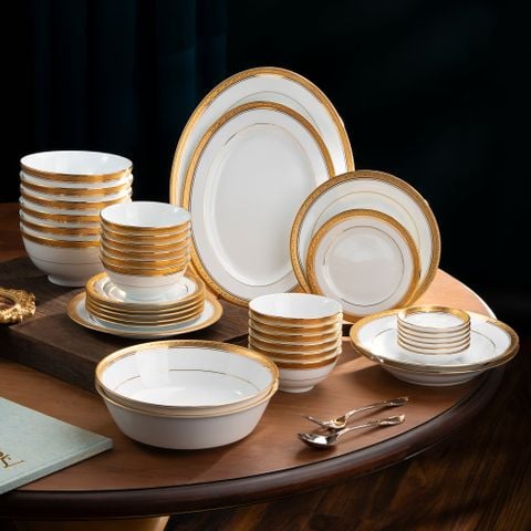  Bộ bát đĩa ăn châu Á đầy đủ 38 món (cho 6 người) sứ trắng | Crestwood Gold 4167L - D038AB 