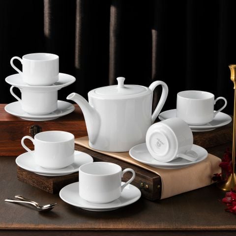  Bộ ấm chén uống trà (ấm 1.075ml, chén 215ml) 13 món sứ trắng | Art Stage 1609L - T014A 