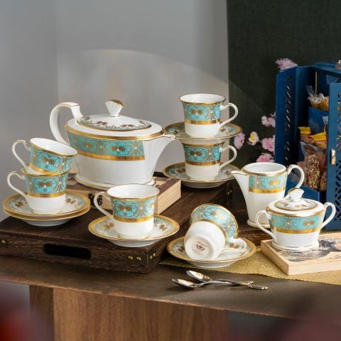  Bộ ấm chén uống trà (ấm 1.440ml, chén 220ml) 15 món sứ xương Nhật Bản | Georgian Turquoise 4857J - T017L 