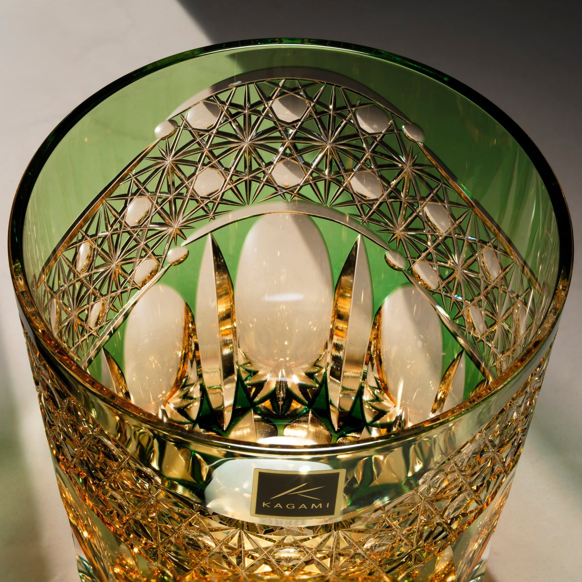  Ly pha lê rock glass họa tiết Edo Kiriko 'Gyokou' 320ml màu xanh lá được chế tác bởi nghệ nhân Satoshi Nabetani | Kagami Crystal T755 - 2971-WUG 