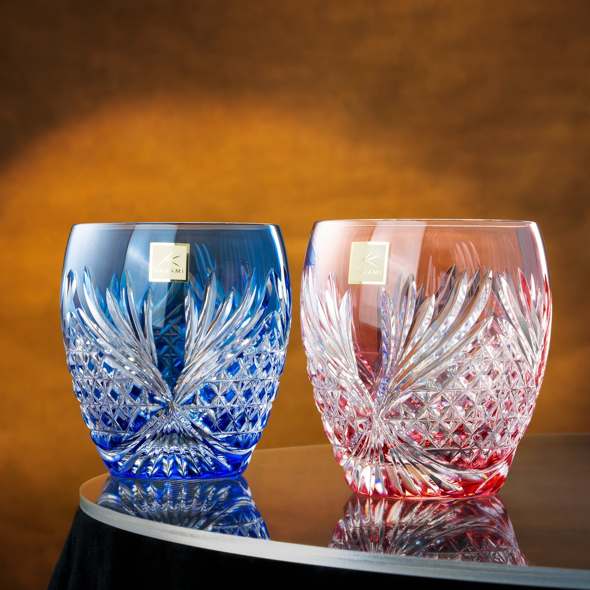  Cặp ly pha lê rock glass Edo Kiriko "Deer Antler" dung tích 300ml hai màu xanh - đỏ | Kagami Crystal TPS752 - 2964-AB 