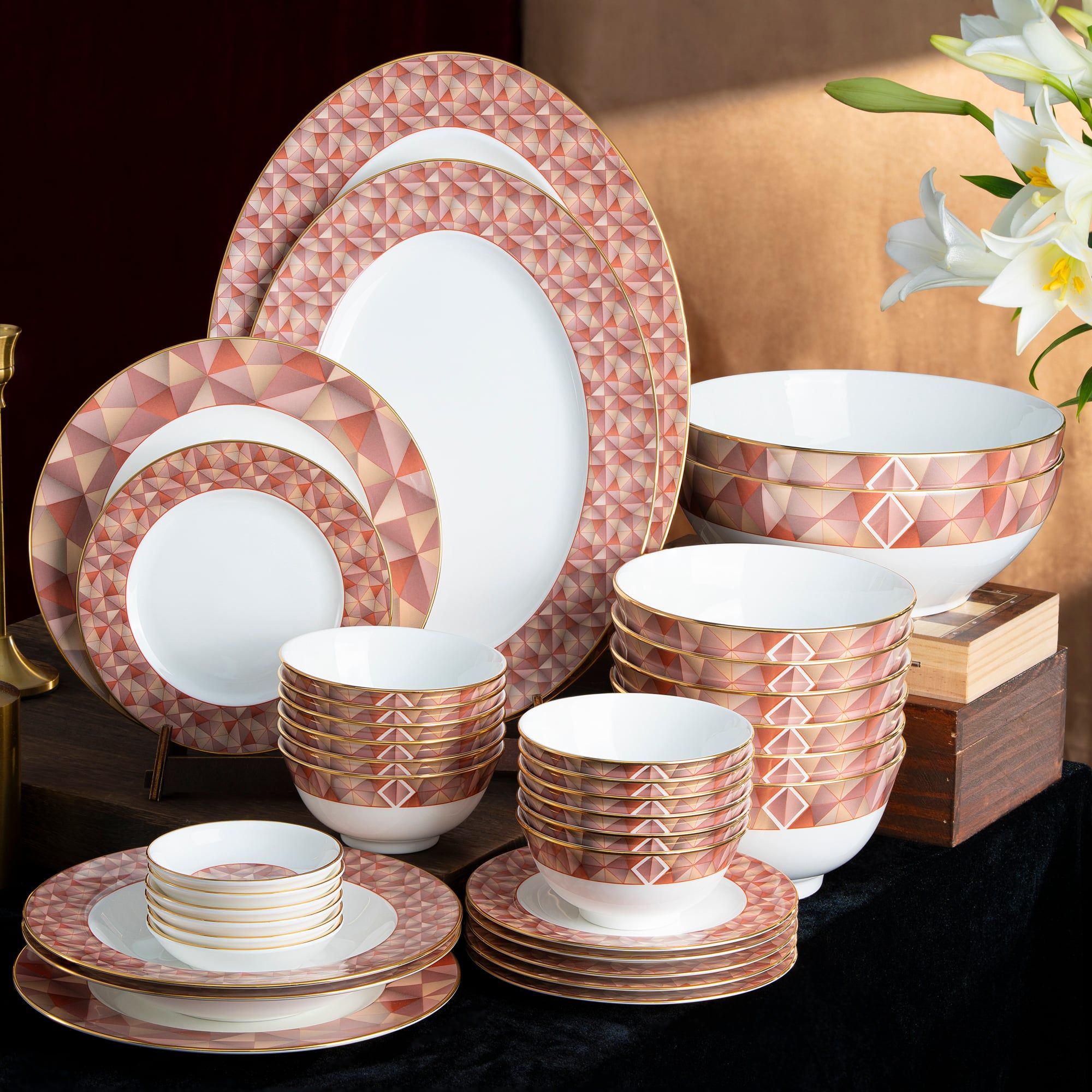  Bộ bát đĩa ăn châu Á đầy đủ 38 món (cho 6 người) sứ xương | Splendid Umber 4970L - D038AD 