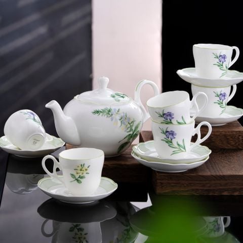  Bộ ấm chén uống trà nhỏ (ấm 600ml, chén 105ml) 13 món sứ xương | English Herbs 4942L - T014S 