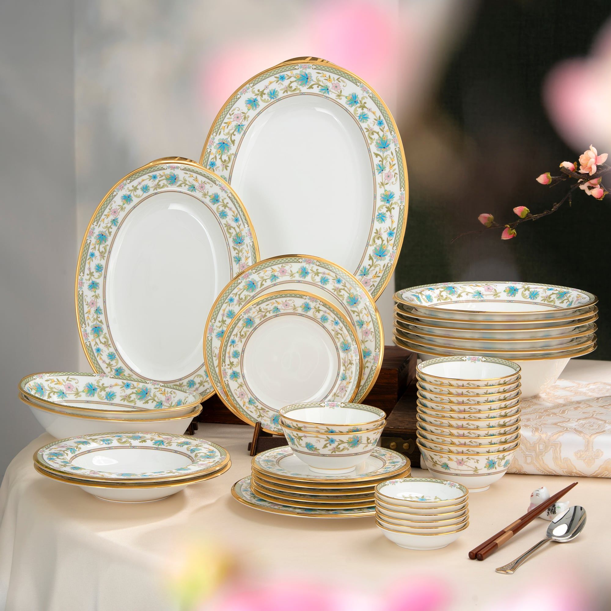  Bộ bát đĩa ăn châu Á đầy đủ 38 món (cho 6 người) sứ xương Nhật Bản | Yoshino 9983J - D038AA 