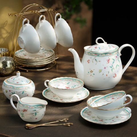  Bộ ấm chén uống trà (ấm 960ml, chén 180ml) 15 món sứ xương | Hana Sarasa 4409L - T017L 