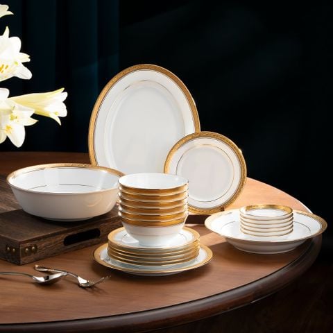  Bộ bát đĩa ăn châu Á cơ bản 22 món (cho 6 người) sứ trắng | Crestwood Gold 4167L - D022AB 