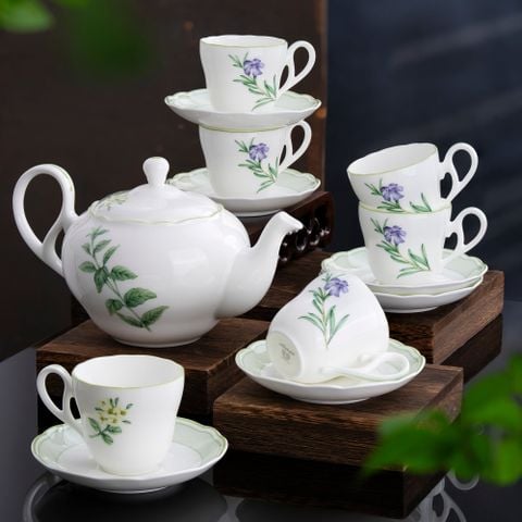 Bộ ấm chén uống trà nhỏ (ấm 600ml, chén 105ml) 13 món sứ xương | English Herbs 4942L - T014S