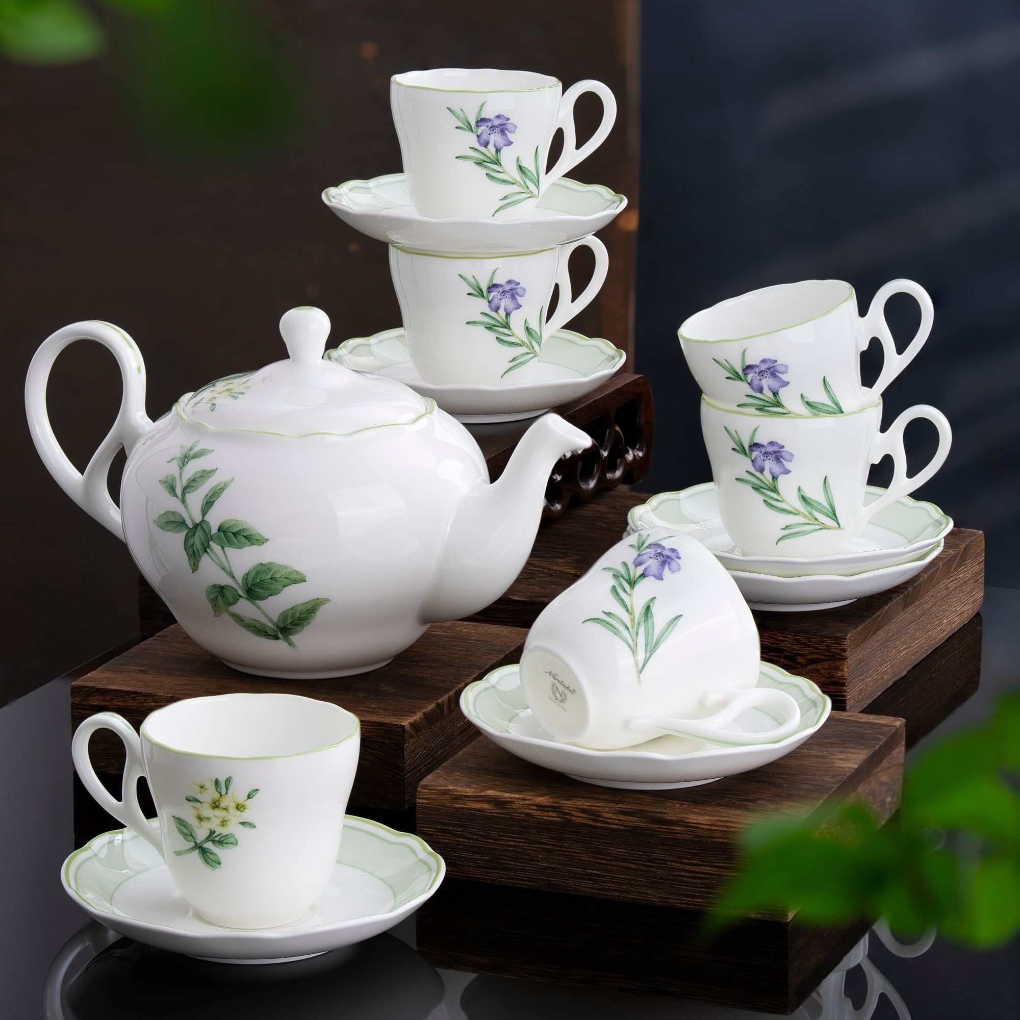  Bộ ấm chén uống trà nhỏ (ấm 600ml, chén 105ml) 13 món sứ xương | English Herbs 4942L - T014S 