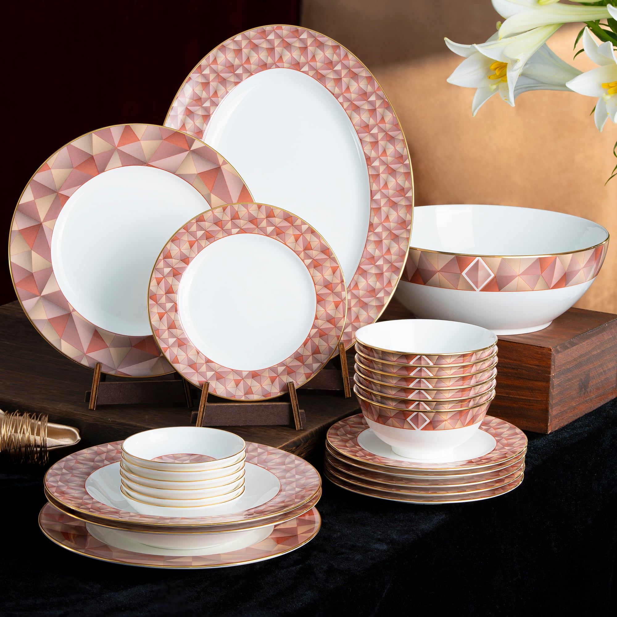  Bộ bát đĩa ăn châu Á đầy đủ 38 món (cho 6 người) sứ xương | Splendid Umber 4970L - D038AD 