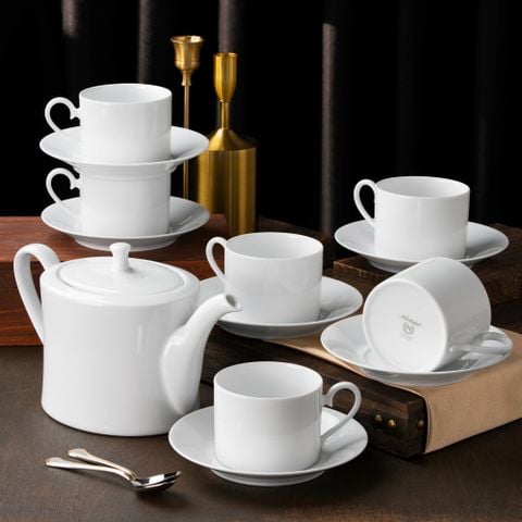  Bộ ấm chén uống trà (ấm 1.075ml, chén trụ 240ml) 13 món sứ trắng | Art Stage 1609L - T014T 