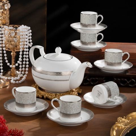  Bộ ấm chén uống trà (ấm 1.150ml, chén 90ml) 13 món sứ xương | Odessa Platinum 4875L - T014XR 