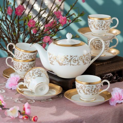  Bộ ấm chén uống trà nhỏ (ấm 650ml, chén 105ml) 13 món sứ xương | Summit Gold 4912L - T014S 