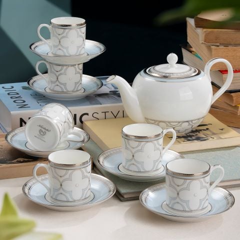 Bộ ấm chén uống trà nhỏ (ấm 650ml, chén 90ml) 13 món sứ xương | Trefolio Platinum 4957L - T014S