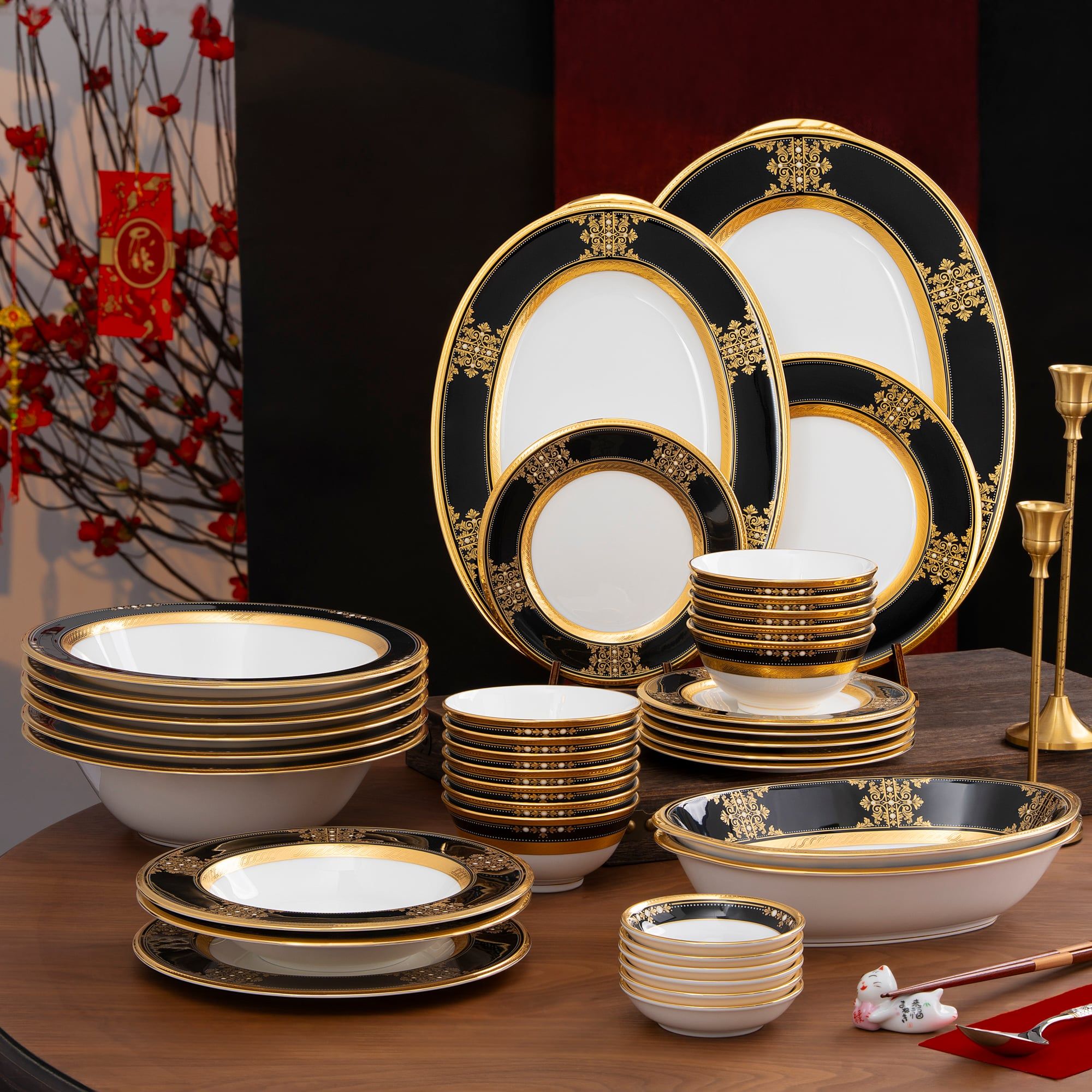  Bộ bát đĩa ăn châu Á đầy đủ 38 món (cho 6 người) sứ xương Nhật Bản | Evening Majesty 4818J - D038AA 