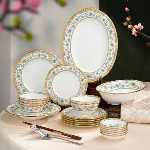  Bộ bát đĩa ăn châu Á cơ bản 22 món (cho 6 người) sứ xương Nhật Bản | Yoshino 9983J - D022AA 
