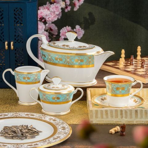  Bộ ấm chén uống trà (ấm 1.440ml, chén 220ml) 15 món sứ xương Nhật Bản | Georgian Turquoise 4857J - T017L 