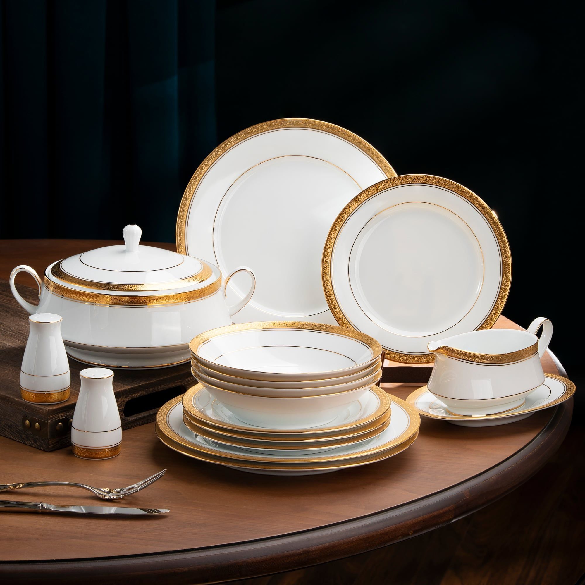  Bộ đĩa ăn kiểu Âu 22 món (cho 6 người) sứ trắng | Crestwood Gold 4167L - D024AL 