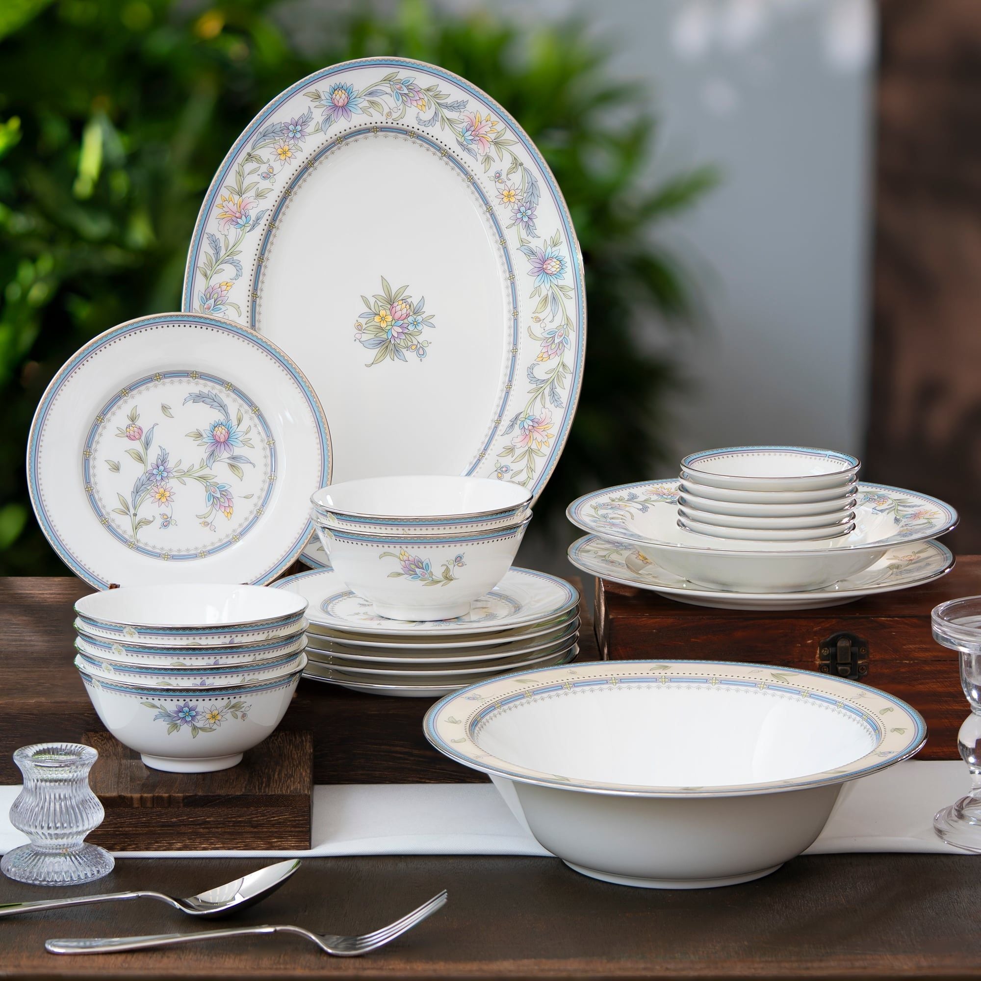  Bộ bát đĩa ăn châu Á cơ bản 22 món (cho 6 người) sứ xương | Jardin Fleuri 4910L - D022AB 