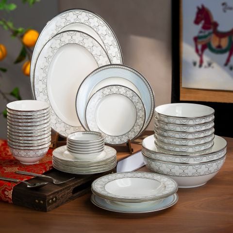  Bộ bát đĩa ăn châu Á đầy đủ 38 món (cho 6 người) sứ xương | Trefolio Platinum 4957L - D038AD 