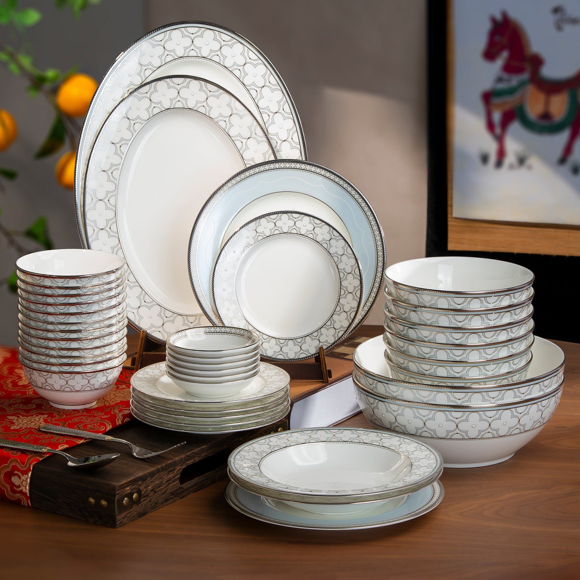  Bộ bát đĩa ăn châu Á đầy đủ 38 món (cho 6 người) sứ xương | Trefolio Platinum 4957L - D038AD 