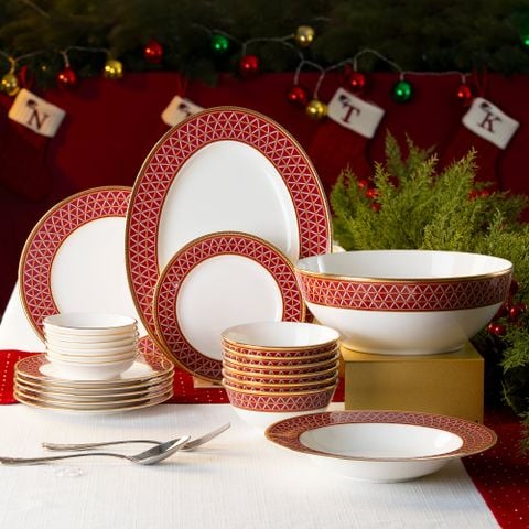  Bộ bát đĩa ăn châu Á cơ bản 22 món (cho 6 người) sứ xương | Crochet 4966L - D022AB 