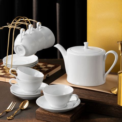  Bộ ấm chén uống trà (ấm 1.075ml, chén loe 200ml) 13 món sứ trắng | Art Stage 1609L - T014L 