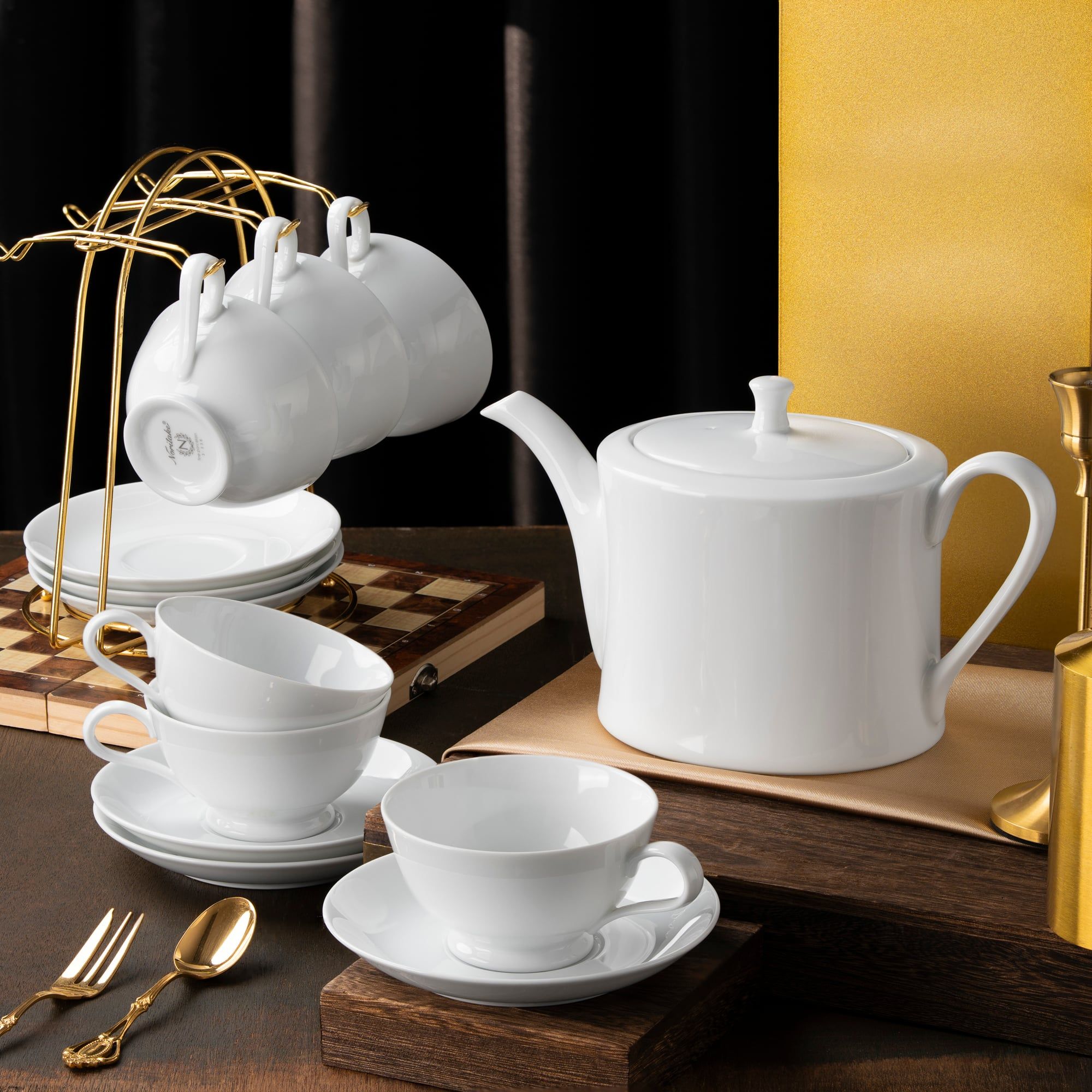  Bộ ấm chén uống trà (ấm 1.075ml, chén loe 200ml) 13 món sứ trắng | Art Stage 1609L - T014L 