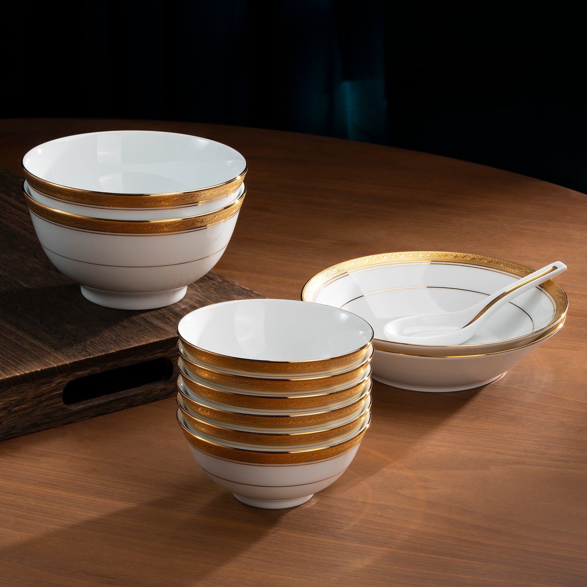  Bộ bát đĩa ăn châu Á đầy đủ 38 món (cho 6 người) sứ trắng | Crestwood Gold 4167L - D038AB 