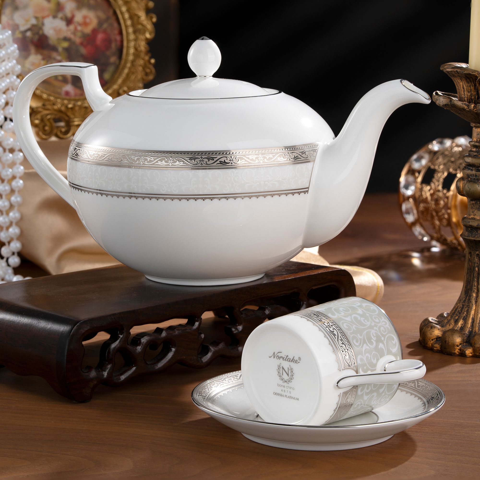  Bộ ấm chén uống trà (ấm 1.150ml, chén 90ml) 13 món sứ xương | Odessa Platinum 4875L - T014XR 