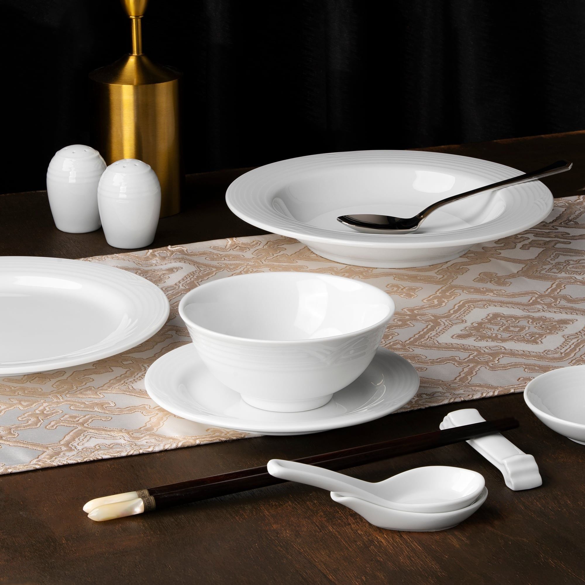  Bộ bát đĩa ăn châu Á đầy đủ 38 món (đĩa tròn, cho 6 người) sứ trắng| Arctic White 4000L - D038AT 