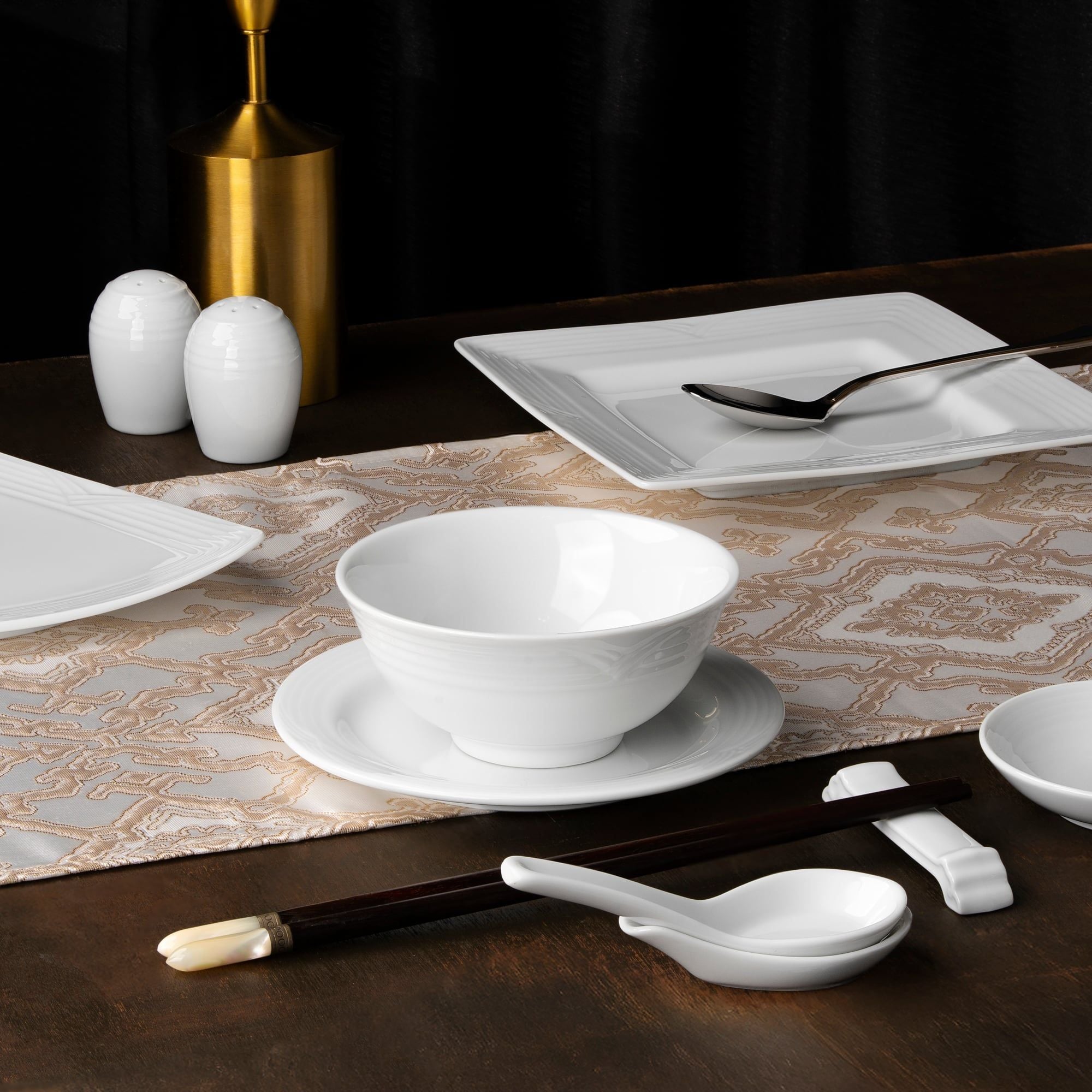  Bộ bát đĩa ăn châu Á 38 món (đĩa vuông, tam giác, sóng biển ) sứ trắng | Arctic White 4000L - D038AM 