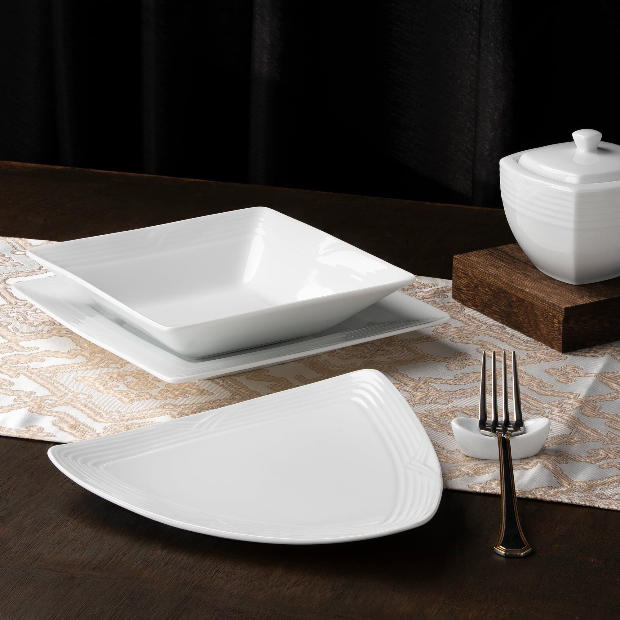  Bộ bát đĩa ăn châu Á 38 món (đĩa vuông, tam giác, sóng biển ) sứ trắng | Arctic White 4000L - D038AM 