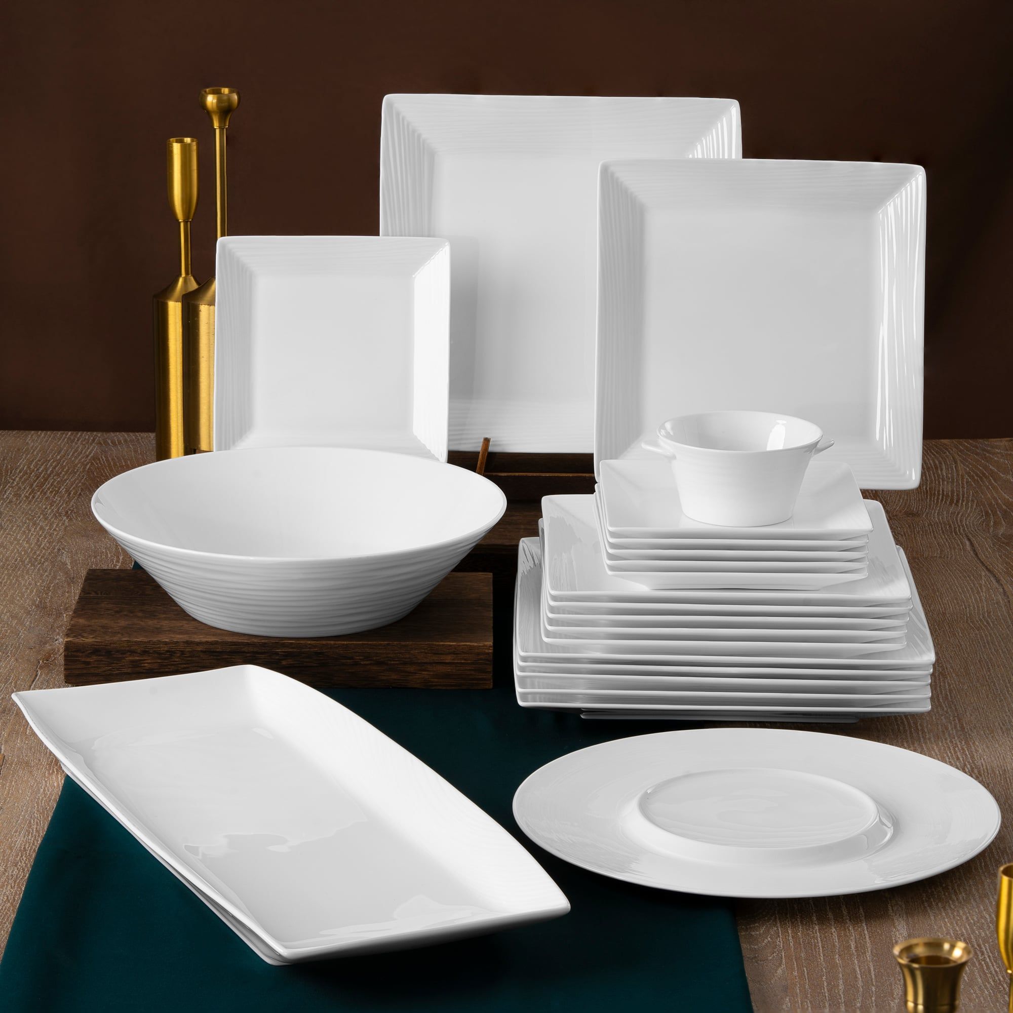  Bộ đĩa ăn kiểu Âu 22 món (đĩa vuông, cho 6 người) sứ xương | Conjunto 4943L - D022EV 