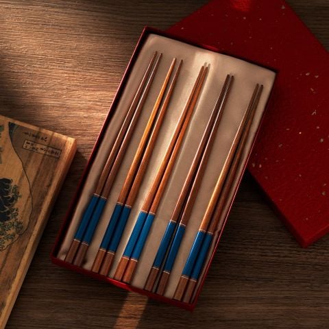  Bộ 05 đôi đũa gỗ Nhật Genji sơn mài viền xanh cobalt kèm hộp | Hyozaemon Chopstick 1115 - S-127HG5 