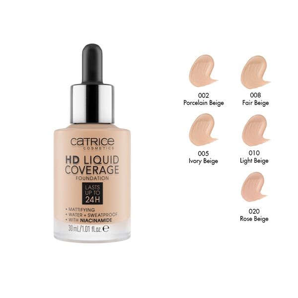CATRICE_Kem Nền HD Liquid Coverage Foundation Lasts Up To 24H #002 Porcelain Beige 30ML