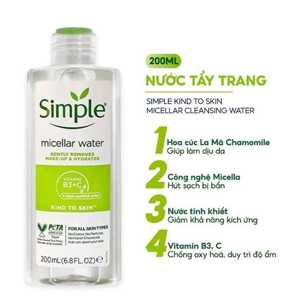 SIMPLE_Nước Tẩy Trang Kind To Skin Micellar Cleansing Water 200Ml