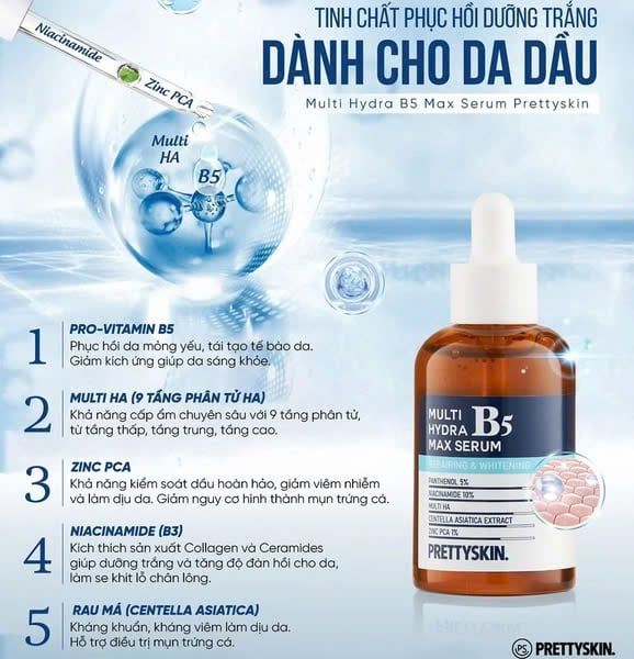 PRETTYSKIN_Tinh Chất Phục Hồi Dưỡng Trắng Cho Da Dầu Mụn Multi Hydra B5 Max Serum 50ml