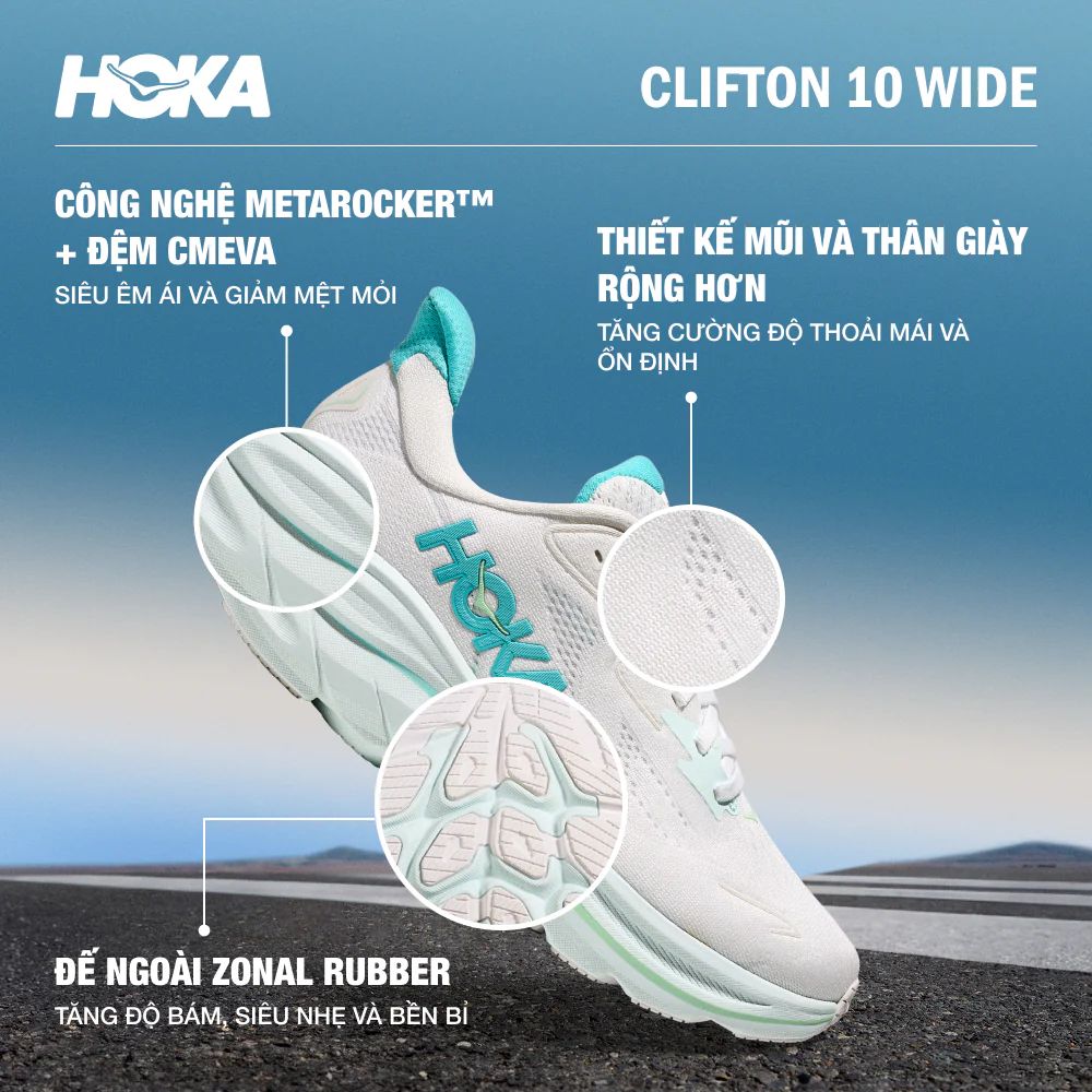  Giày Chạy Bộ Nữ Hoka Clifton 10 - Màu Trắng Xanh Da Trời 