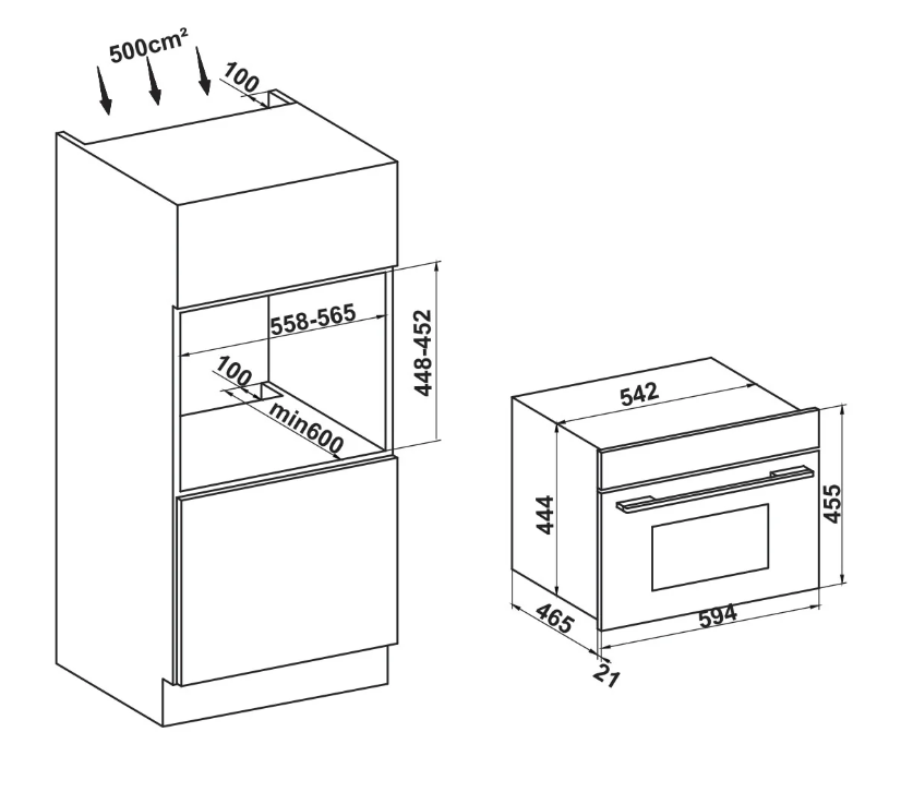 Kích thước Lò Vi Sóng Kết Hợp Nướng Hafele HC-MWO381B 495.10.044