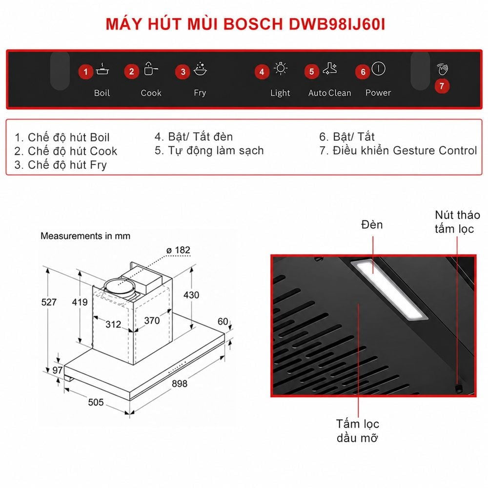 Kích thước và bảng điều khiển của Hút Mùi Bosch DWB98IJ60I Serie 4
