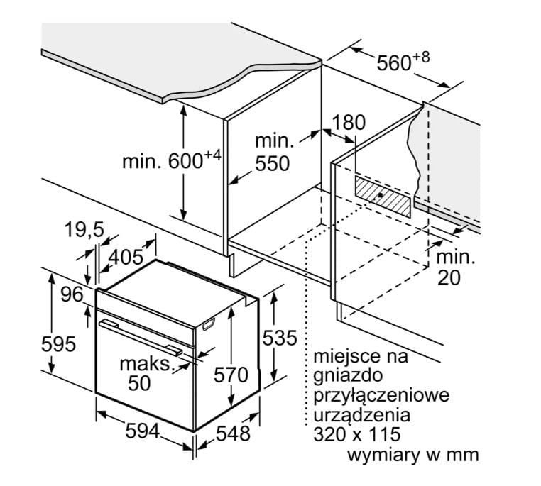 Kích thước lắp đặt của Lò Nướng Bosch HBG536EB4