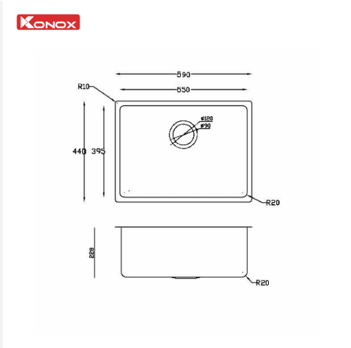 Kích thước Chậu rửa bát Konox Neron 590U