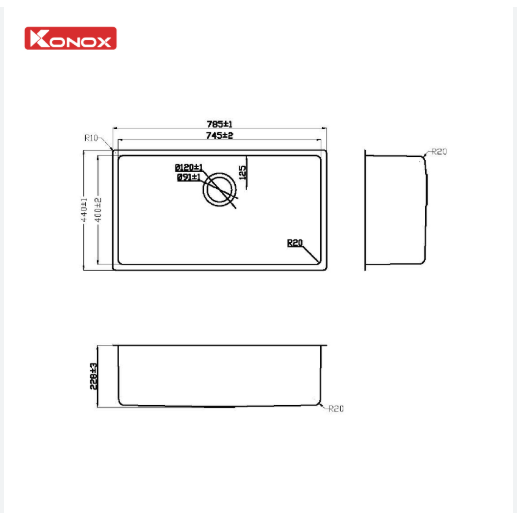 Kích thước Chậu rửa bát Konox Stelo 780U