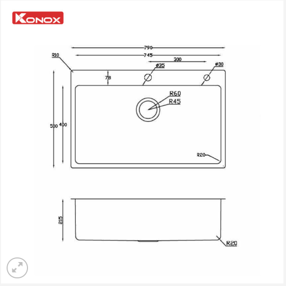 Kích thước Chậu rửa bát Konox STELO 790